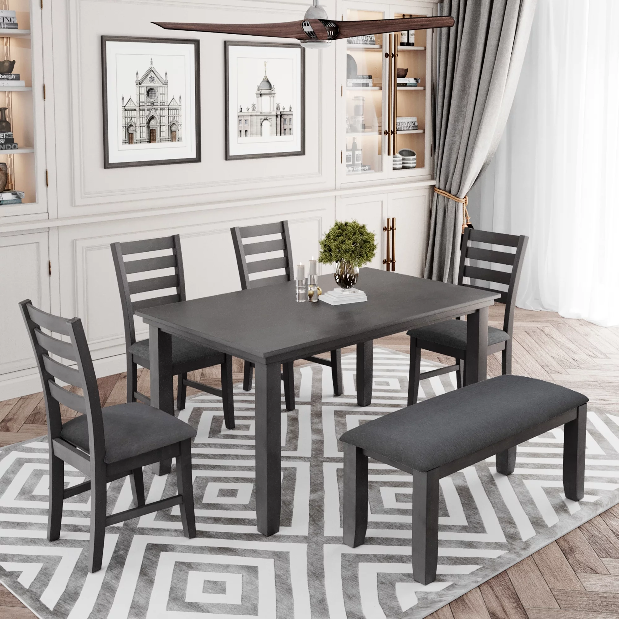 CoSoTower Dining Room Table And Chairs With Bench, Rustic Wood Dining Set, Set Of 6, Gray