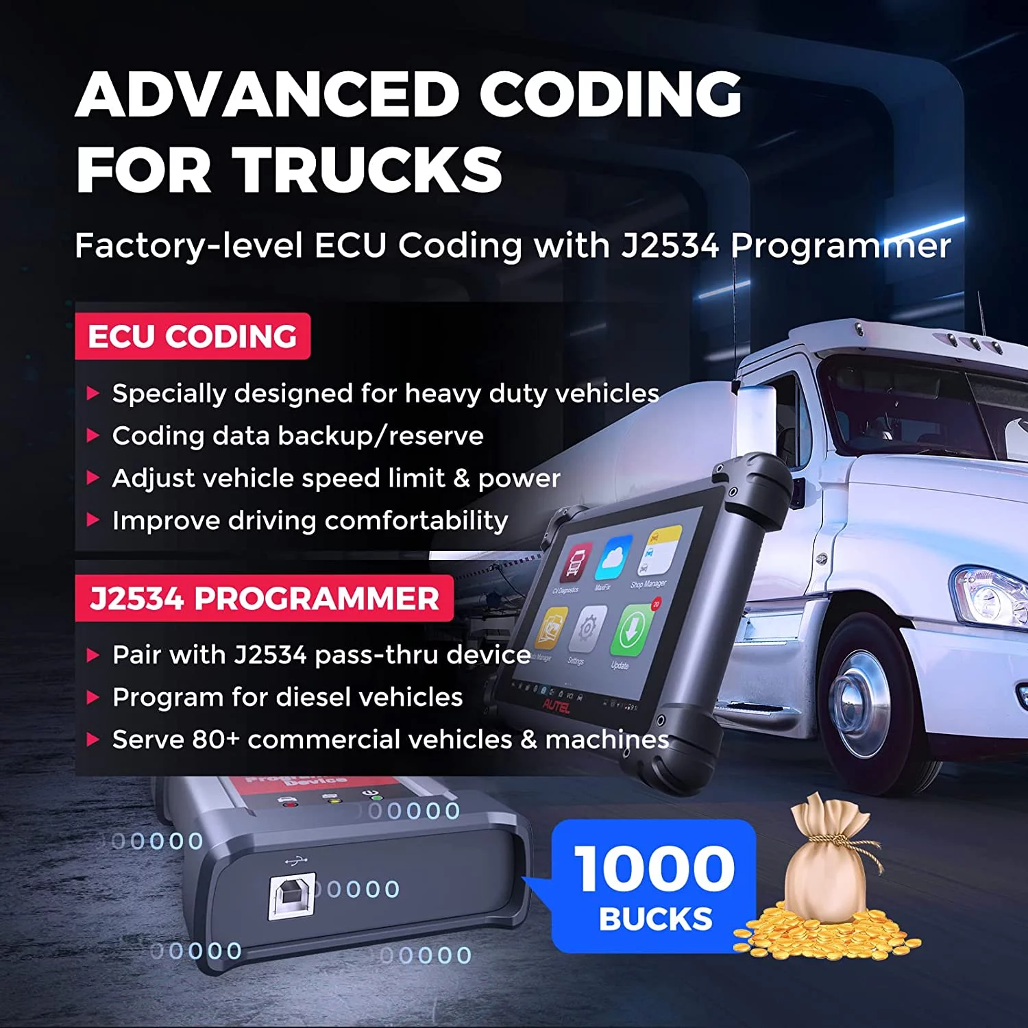 Autel Maxisys MS908CV Heavy Duty Car Diagnostic Scan Tool with J-2534 ECU Programming, Coding, Active Test 25 Services, 23 Adaption Functions