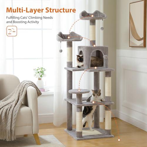 63'' Cat Tree Tower with Condo, Perch, Scratching Post, Dangling Ball, Multi-Level Cat Climbing Furniture, Cat Activity Center Playground for Indoor,Grey