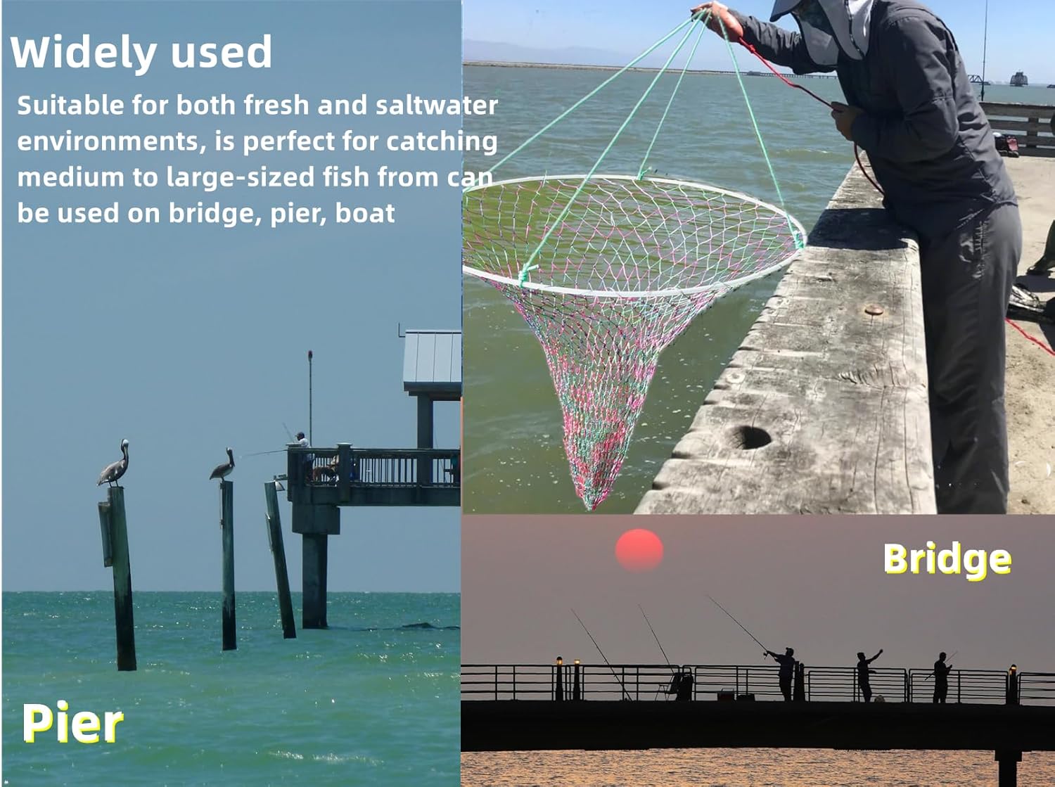 32in x 37in Folded Bridge and Pier Fishing Net, More Coarse Soft Steel Hoop, Colourful Dual-Line Construction，Heavy-Duty Fishing Cast polyethylene Fiber line Mesh Net, Drop Net/Rope/Storage Bag