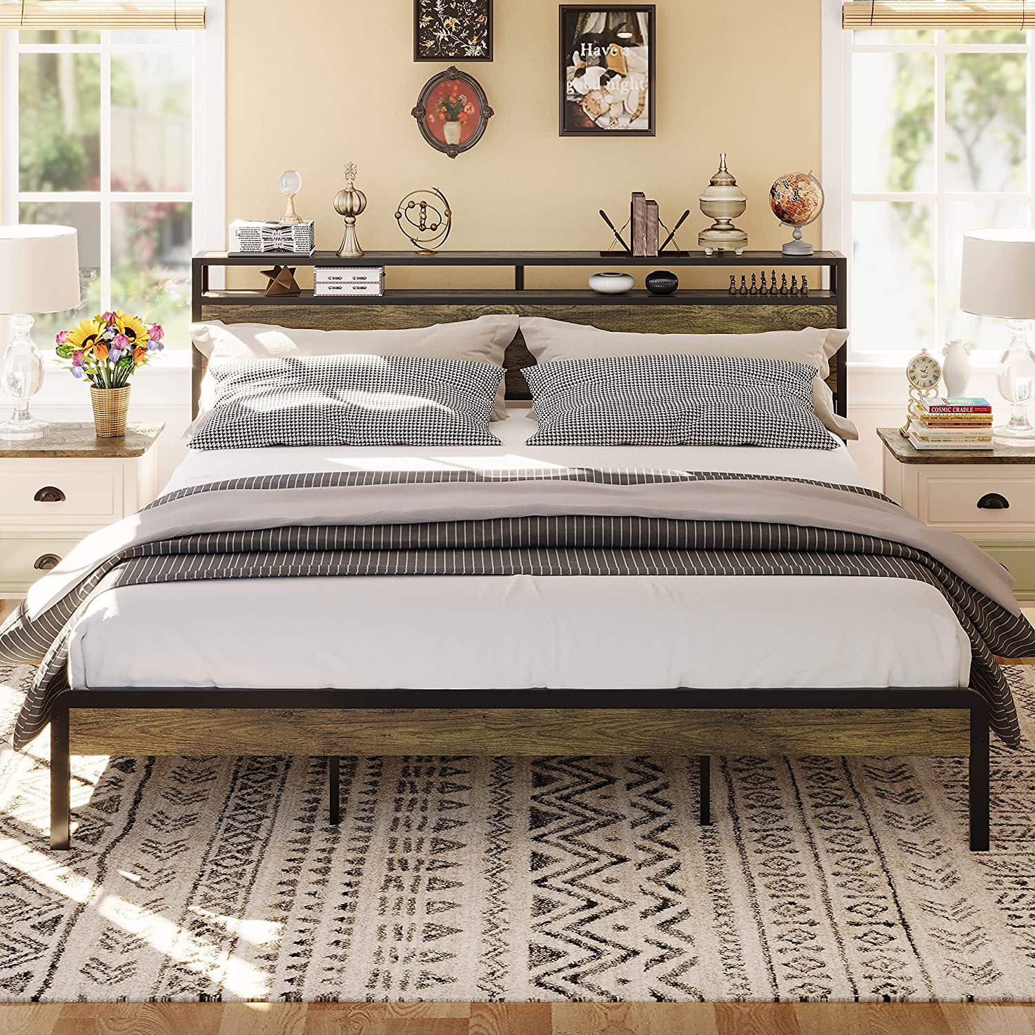 LIKIMIO King Size Bed Frame, Storage Headboard/Solid and Stable/Rustic Maple