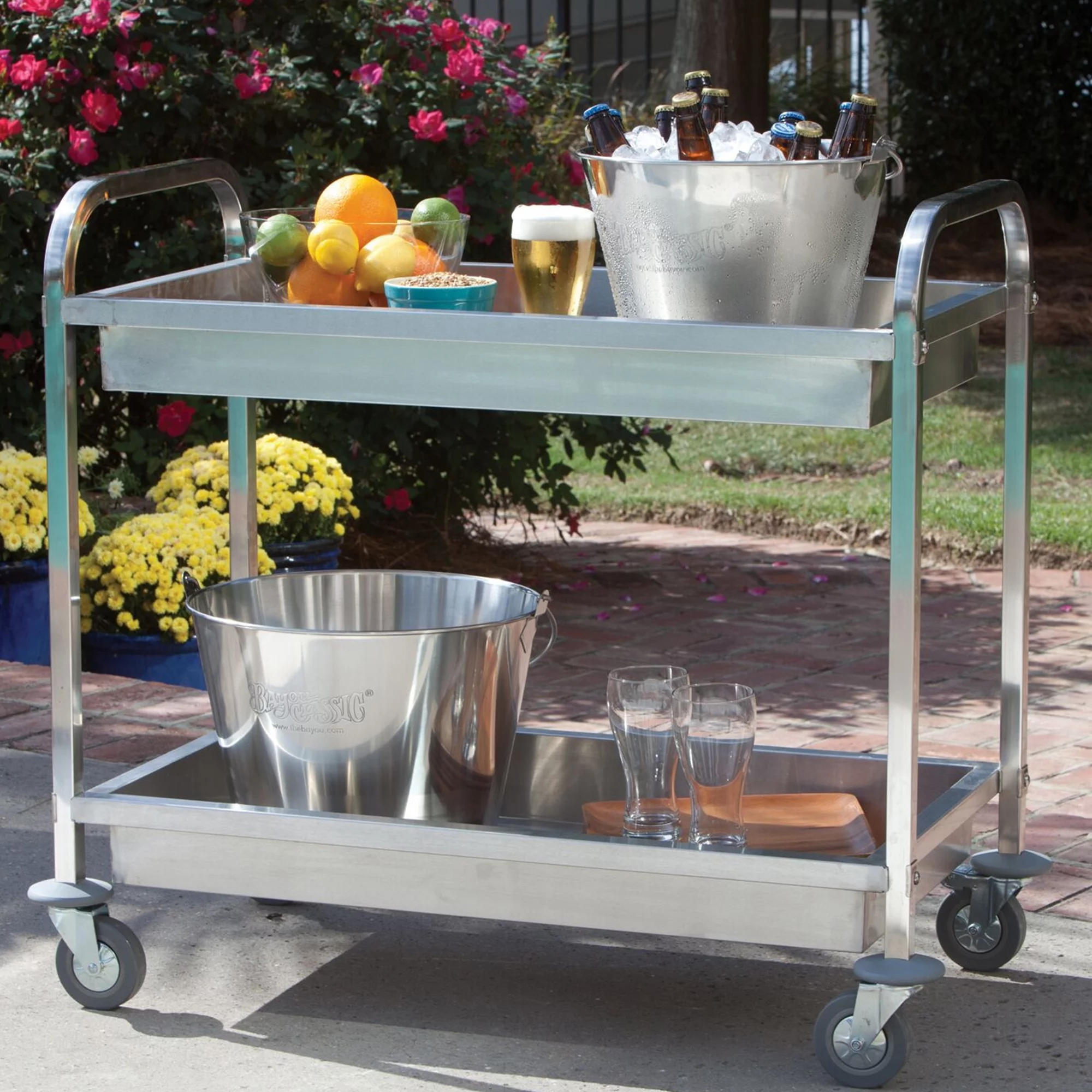 Bayou Classic 4873 Stainless Serving Cart Features Two Trays w/ Galley Rails to Keep Items in Place Locking Casters Easily Transportable Perfect For Parties to Hold All Entertaining Essentials