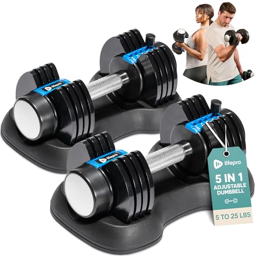 Lifepro Adjustable Dumbbells Set - 5in1-15lb 25lb 43lb 55lb weights Set & Single with Rack - Quick Adjust, Secure Grip - Compact Hand Weights for Men Women Home Gym