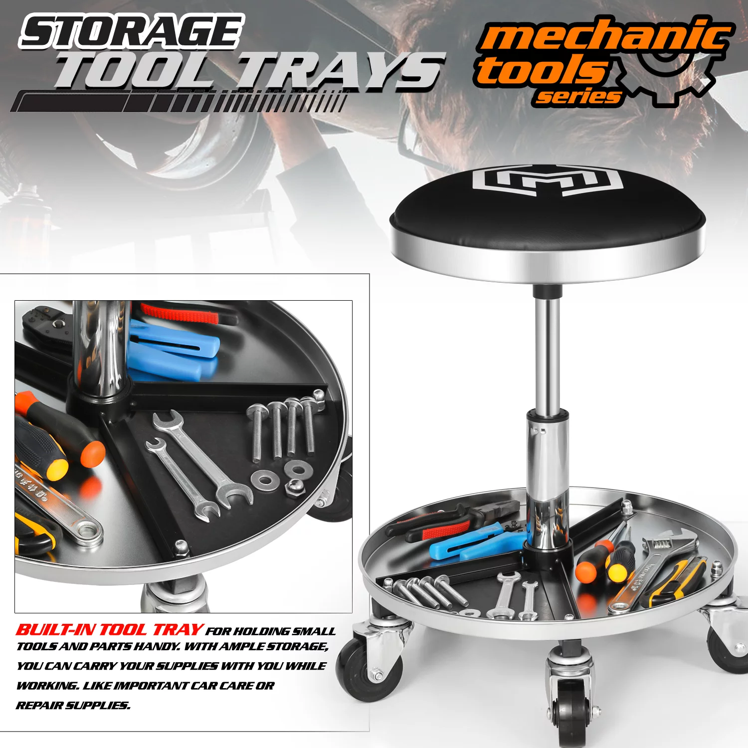 M-AUTO Heavy-Duty Adjustable Mechanic's Roller Seat Rolling Stool with Wheels & Tool Tray, 300 lbs Capacity - Black