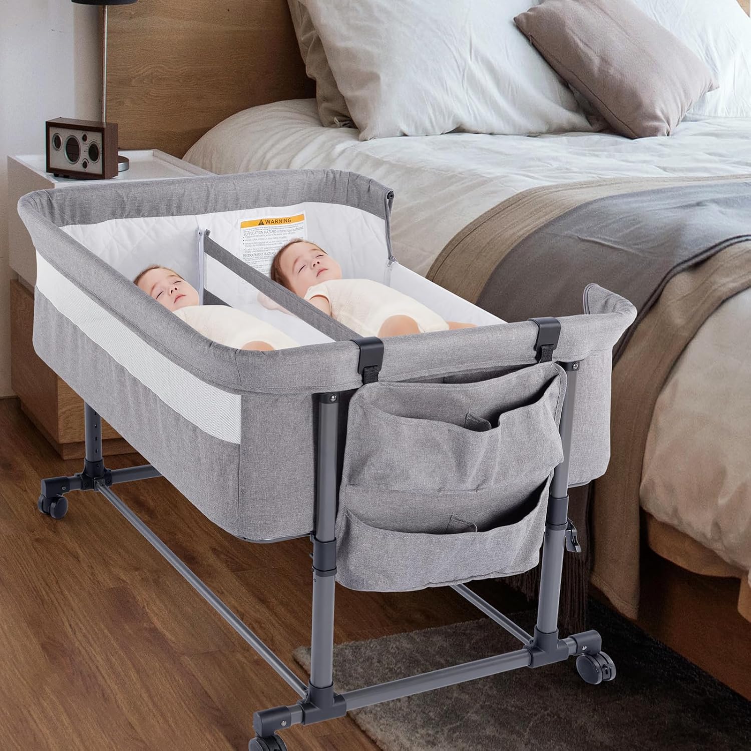 Twin Bassinet for 2 Babies,Adjustable Height Double Crib with Storage Bag and Replaceable Mattress Cover, Portable Twin Bedside Crib Attaches to Bed with Strap for 0-6 Months Twins Baby Grey