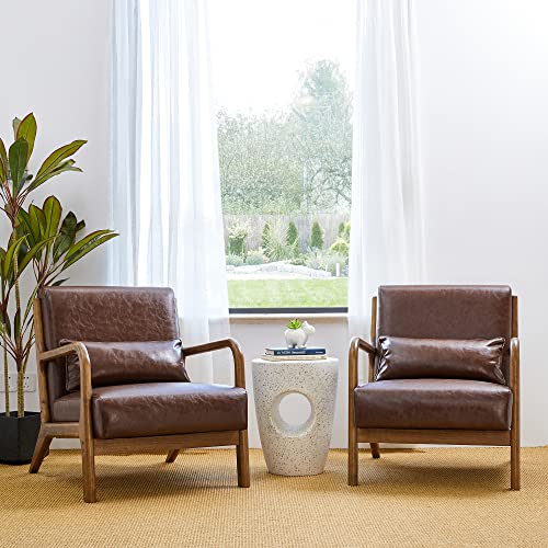 Glitzhome 2 Set Mid Century Black Accent Armchair, Single Reading Armchair PU Leather Lounge Chair with Walnut Ruberwood Frame