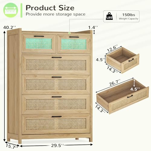 Rattan Dresser for Bedroom with LED Lights, Modern 6 Drawer Dresser with Metal Handles, Wood Storage Chest of Drawers Dresser for Closet, Bedroom, Living Room, Hallway