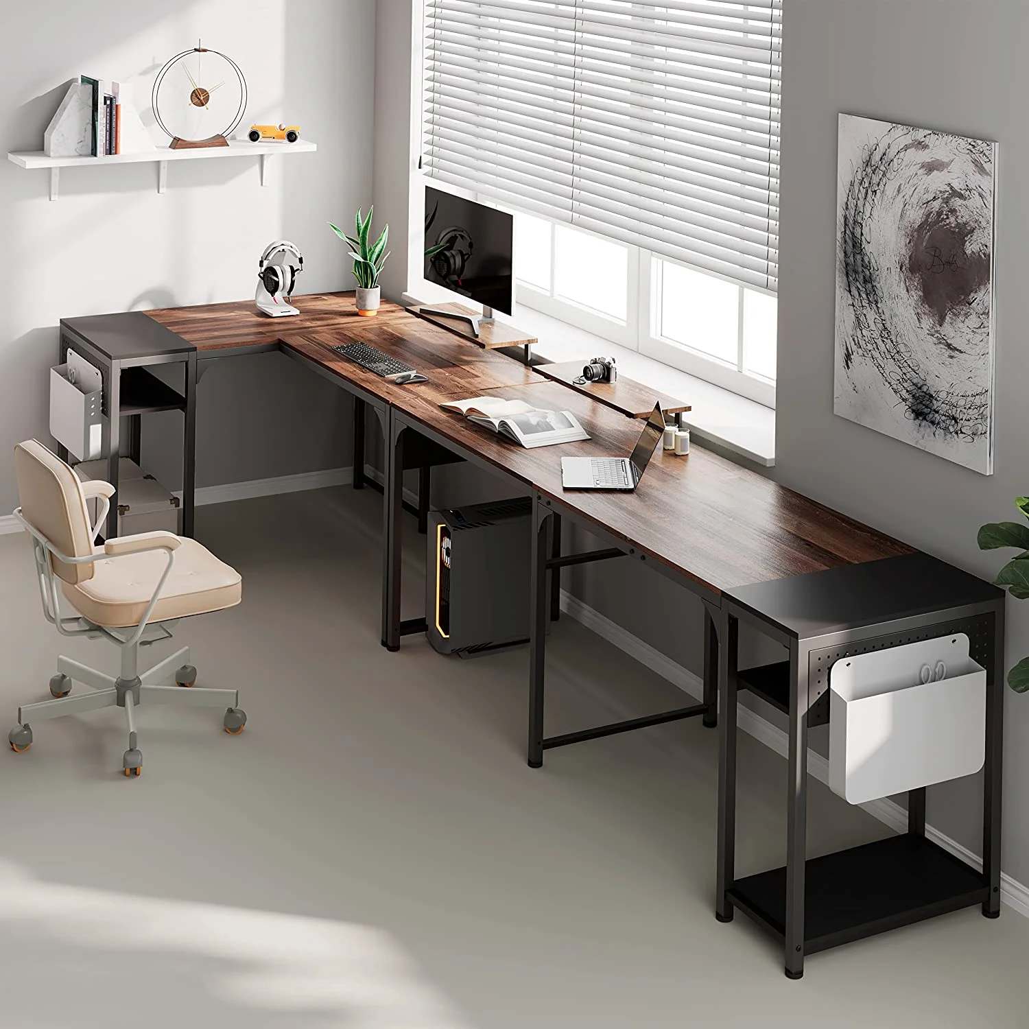 HJNIUNIU Reversible L Shaped Desk 59"  Corner Computer Desk with  Shelves Home Office 2 Person Gaming Desk Industrial Writing Workstation  Rustic Brown Black