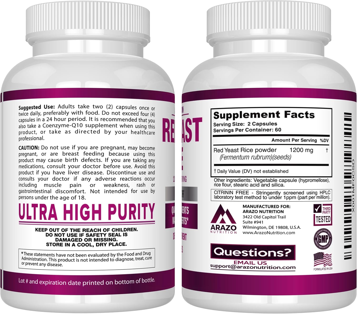 Arazo Nutrition Red Yeast Rice Extract 1200 MG – Citrinin Free Supplement – Vegetarian 120 Capsules