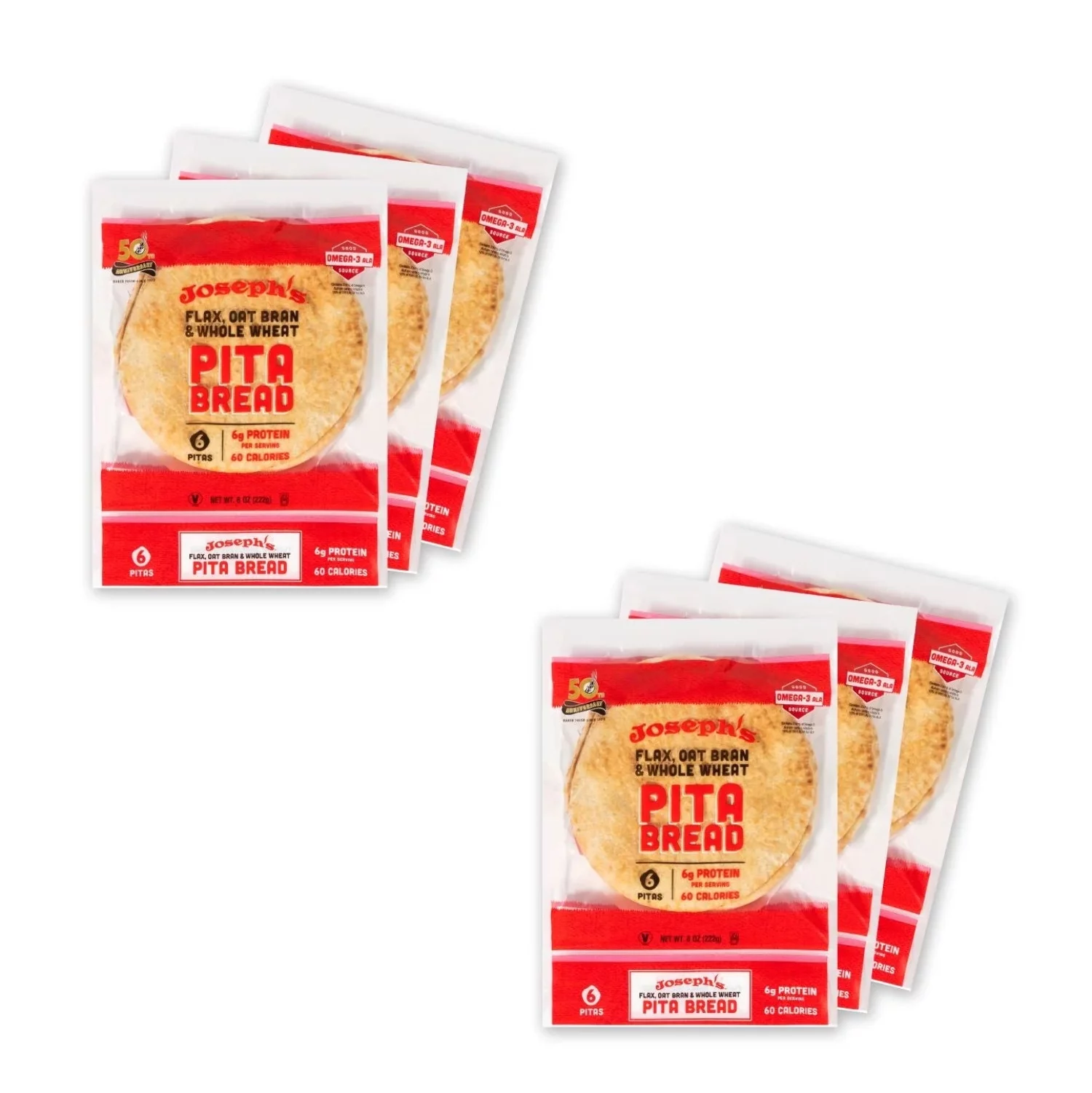 Joseph’s Low Net Carb Flax Pita Bread, 8 oz, 6 Pack, 36 Count