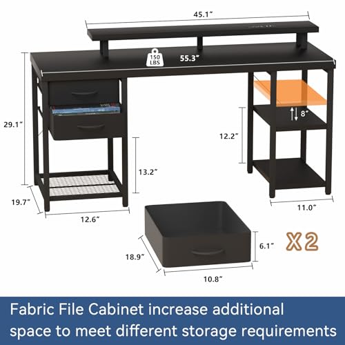 Computer Desk with Drawer and Power Outlets, Gaming Desk with LED Light, Work Desk with Shelves and PC Stand for Home Office (Black)