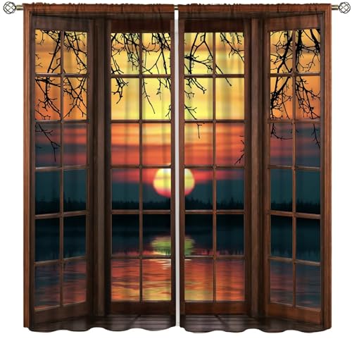 Iceberg Setting Sun Landscape Curtain,Park Snow Tranquil Lake Scenery Printed Rod Pocket Blackout Window Treatments for Bedroom Living Room Decor 42