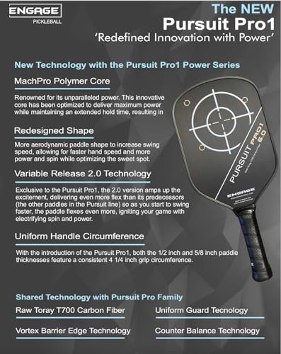 Engage Pursuit Pro1 6.0 Pickleball Paddle - Raw T700 Toray Carbon Fiber for Extreme Spin - MachPro Core for Maximum Power & Control