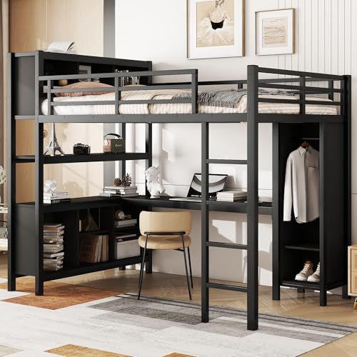 JYH Full Size Loft Bed for Teens and Adults, Metal Loft Bed with Wardrobe and L-Shaped Desk, Heavy Duty Full Bed with Storage Cubes and Shelves, Space-Saving & Noise-Free, Easy Assembly, Black