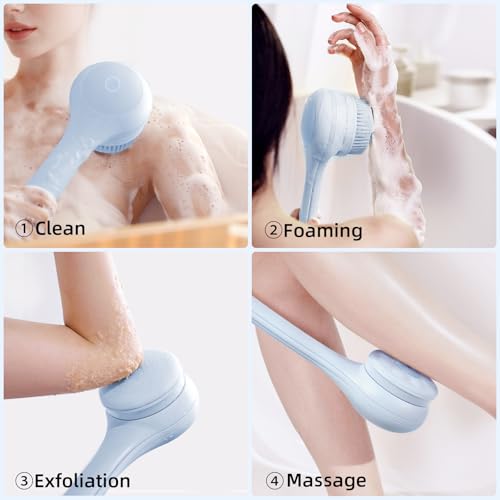Electric Body Brush Back Scrubber for Shower, Waterproof Long Dual Handle Power Body Scrubber with 3 Heads, Rechargeable Bath Brush & 2 Speeds, for Cleansing, Exfoliating and Massaging Skin