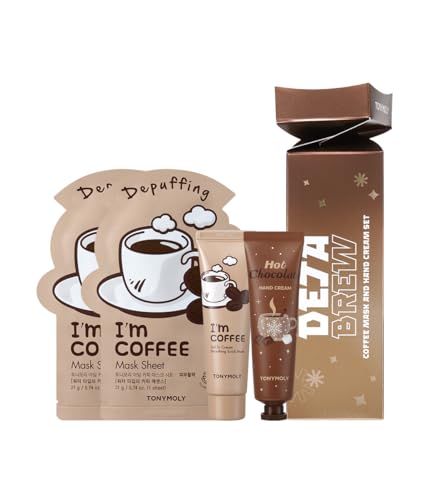 TONYMOLY Deja Brew 4-Piece K-Beauty Coffee Skincare Gift Set – 2 Sheet Masks, Coffee Wash-Off Mask, Hot Chocolate Hand Cream – Hydrating, Nourishing, Limited-Edition