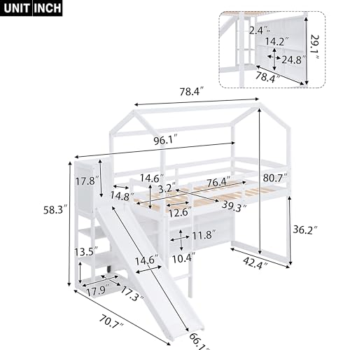 Twin Size House Loft Bed with Slide, Storage Shelves and Light, Wood Kids Bed Frame with Guardrail and Ladder,Climbing Ramp,for Teens Boys Girls Bedroom, White