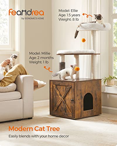 Feandrea Cat Tree with Litter Box Enclosure, 2-in-1 Modern Cat Tower, 52.8-Inch Cat Condo with Self Groomer, Scratching Posts, Washable Cushions, Greige UPCT115G01