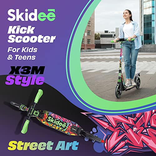 Skidee Adult & Teen Scooter Adjustable Height, Folding, Large Wheels, Lightweight, Durable, Anti-Shock Suspension, Up to 220 lbs