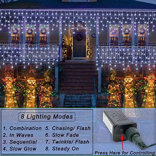 Pooqla Icicle Lights Outdoor Decoration, 300LED Color Changing Christmas LED String Lights with Remote, 8 Modes 30FT Hanging Fairy Lights for Roof Window Party Halloween Decor