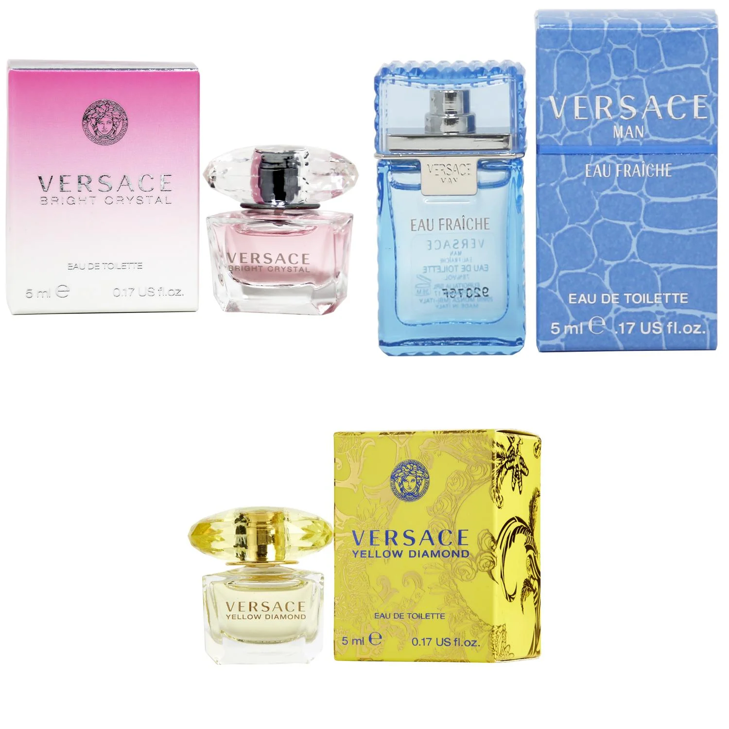 Versace Bright Crystal EDT, Man Eau Fraiche EDT, Yellow Diamond  EDT - 5ml 3PK Kit