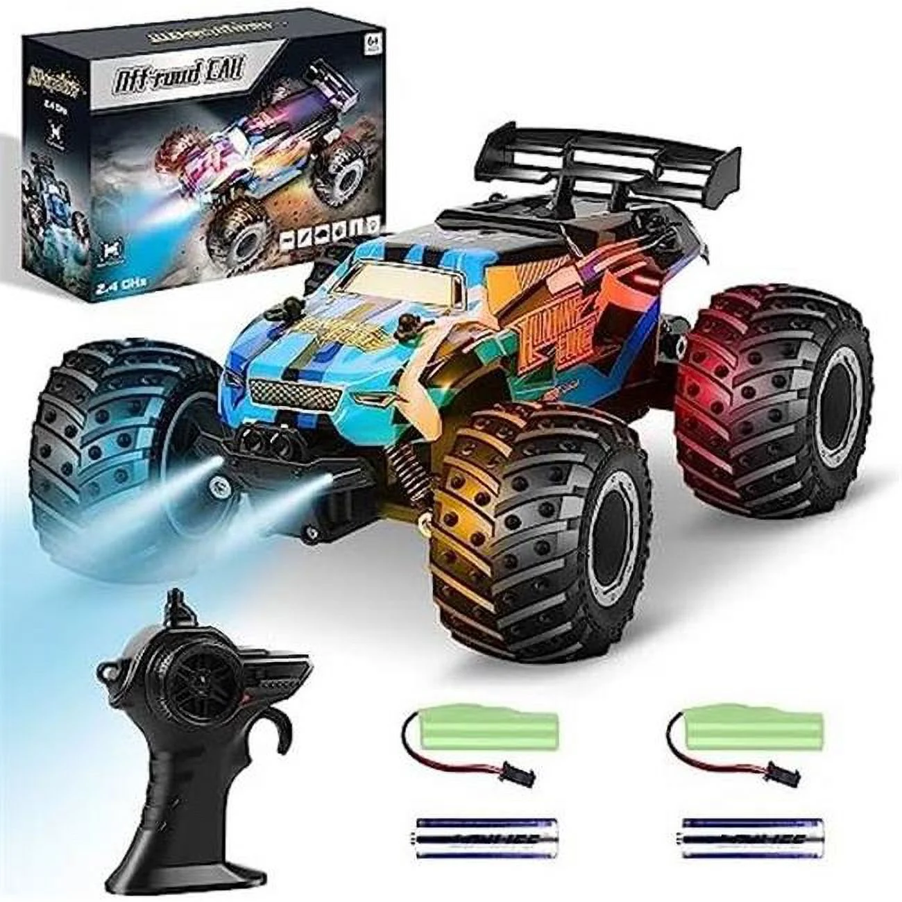 UNO1RC  Remote Control Car, Remote Control Truck - 2.4Ghz All Terrain Off-Road Monster Truck - 20 KM-H Race Cars with LED Bodylight & 2 Rechargeable Batteries Toys for Boys Age 4-7 8-12