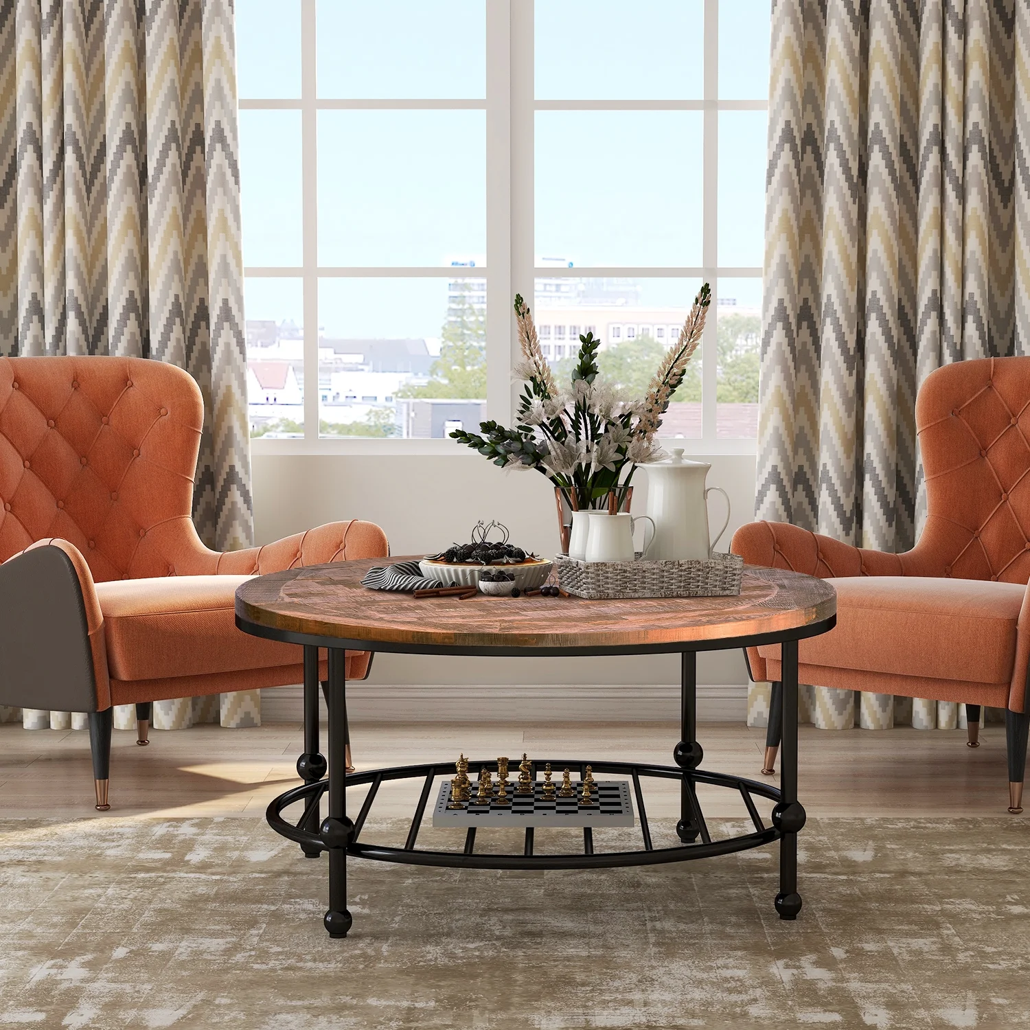 Rustic Natural Round Coffee Table with Storage Shelf for Living Room, Brown