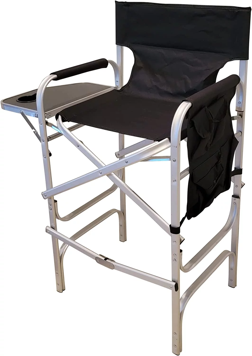 Extra Tall Folding Directors Chair Foldable Chair with Side Table XL Design (Black and Silver)