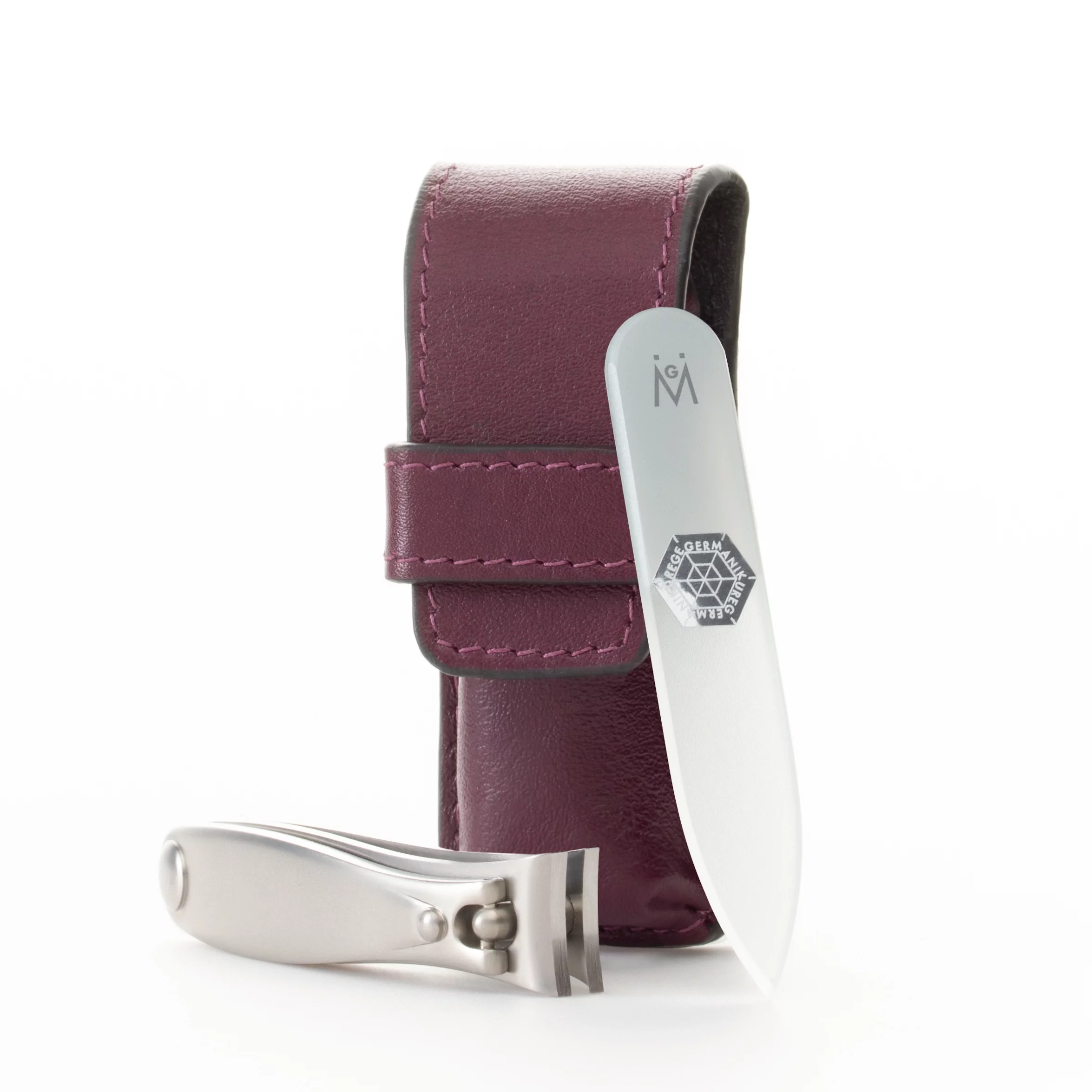 GERMANIKURE Nail clipper and Glass Nail File Set in Purple Leather Case - Made in Solingen Germany of FINOX Stainless Steel, Glass Nail Care Supplies Made in Czech Republic