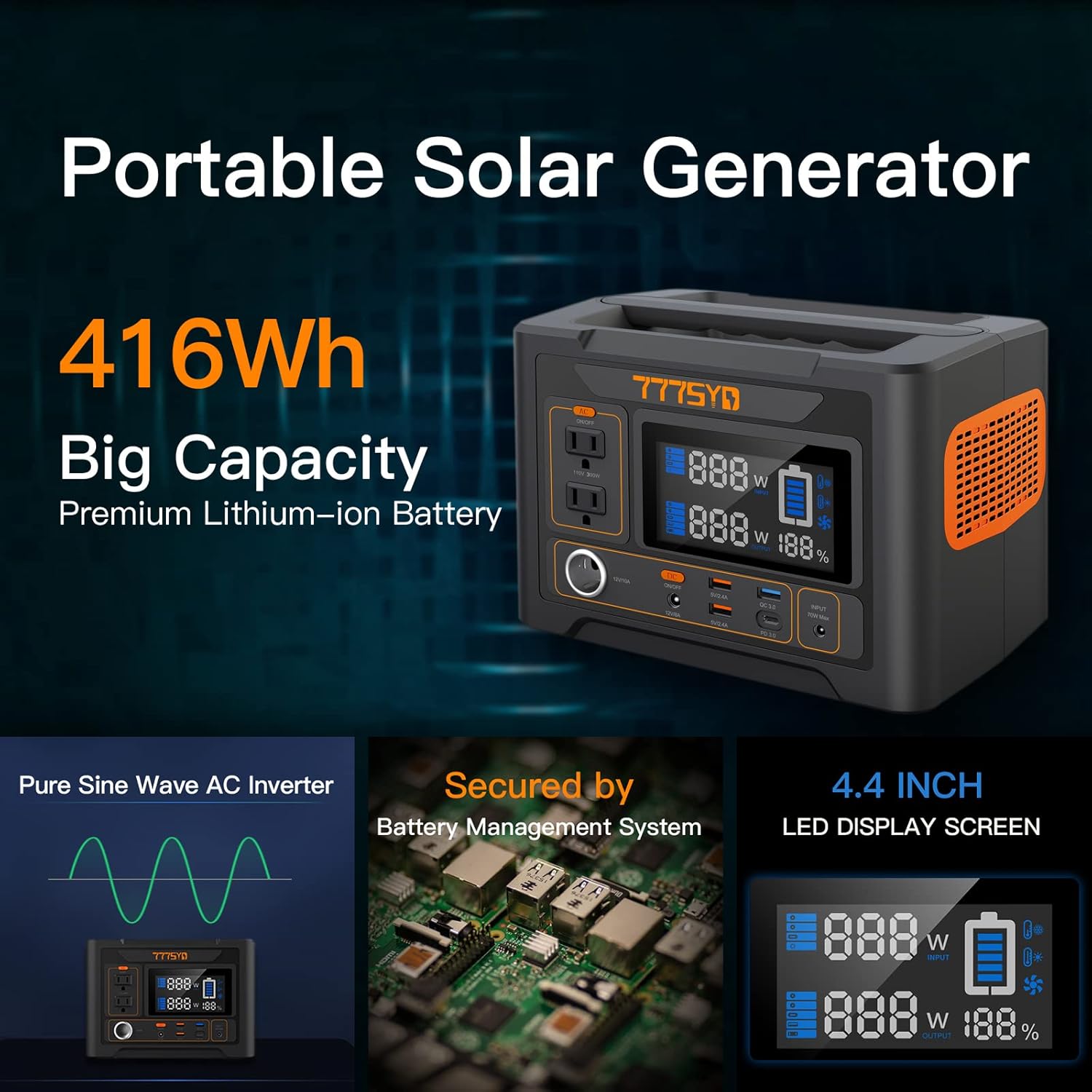 777SYD Portable Power Station 300W, 416Wh Backup Lithium Battery Pack, 110V/300W Pure Sine Wave AC Outlet, Solar Generator (Solar Panel Not Included) for Outdoors Camping Travel Hunting Emergency