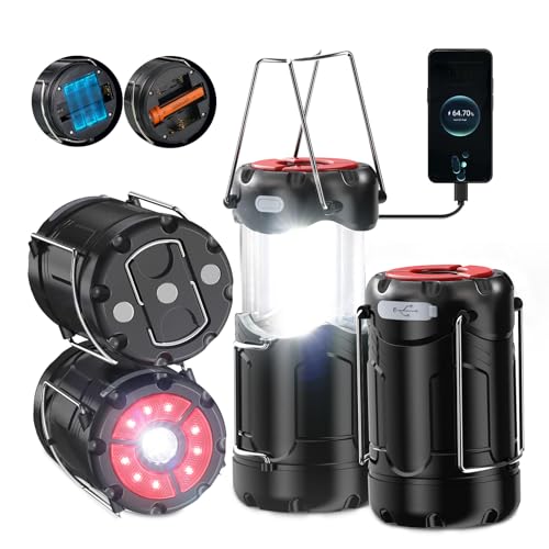 2 Pack Collapsible LED Camping Lantern, Consciot USB C Rechargeable and Battery Powered 2-in-1 Emergency Light with Flashlight and Magnetic Base, Power Outages Hurricane Supplies Survival Kits,Black