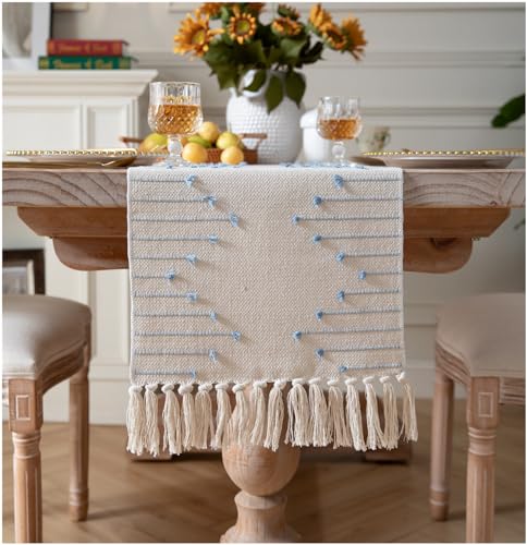 Christmas Table Runner 13 x 90 Inch Long Natural Cotton Woven Runner with Tassels for Home Dining Christmas Decorations, for Modern Farmhouse Holiday Boho Table Runner, Red and Beige