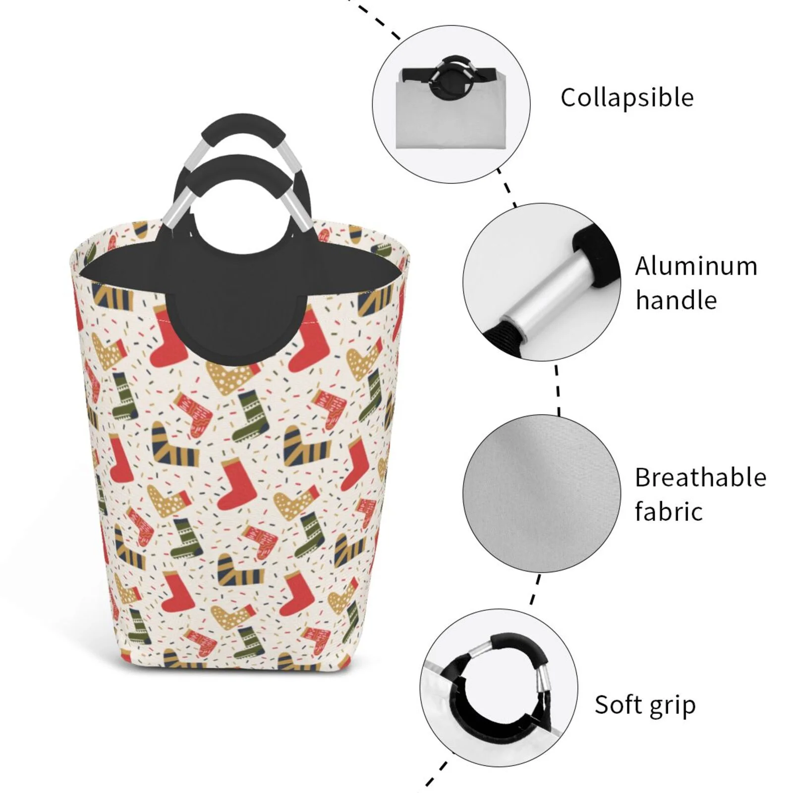 XMXT Collapsible Laundry Basket Hamper, Beautiful Christmas Stockings Large Laundry Bag Clothes Hamper with Aluminum Handle, 50L