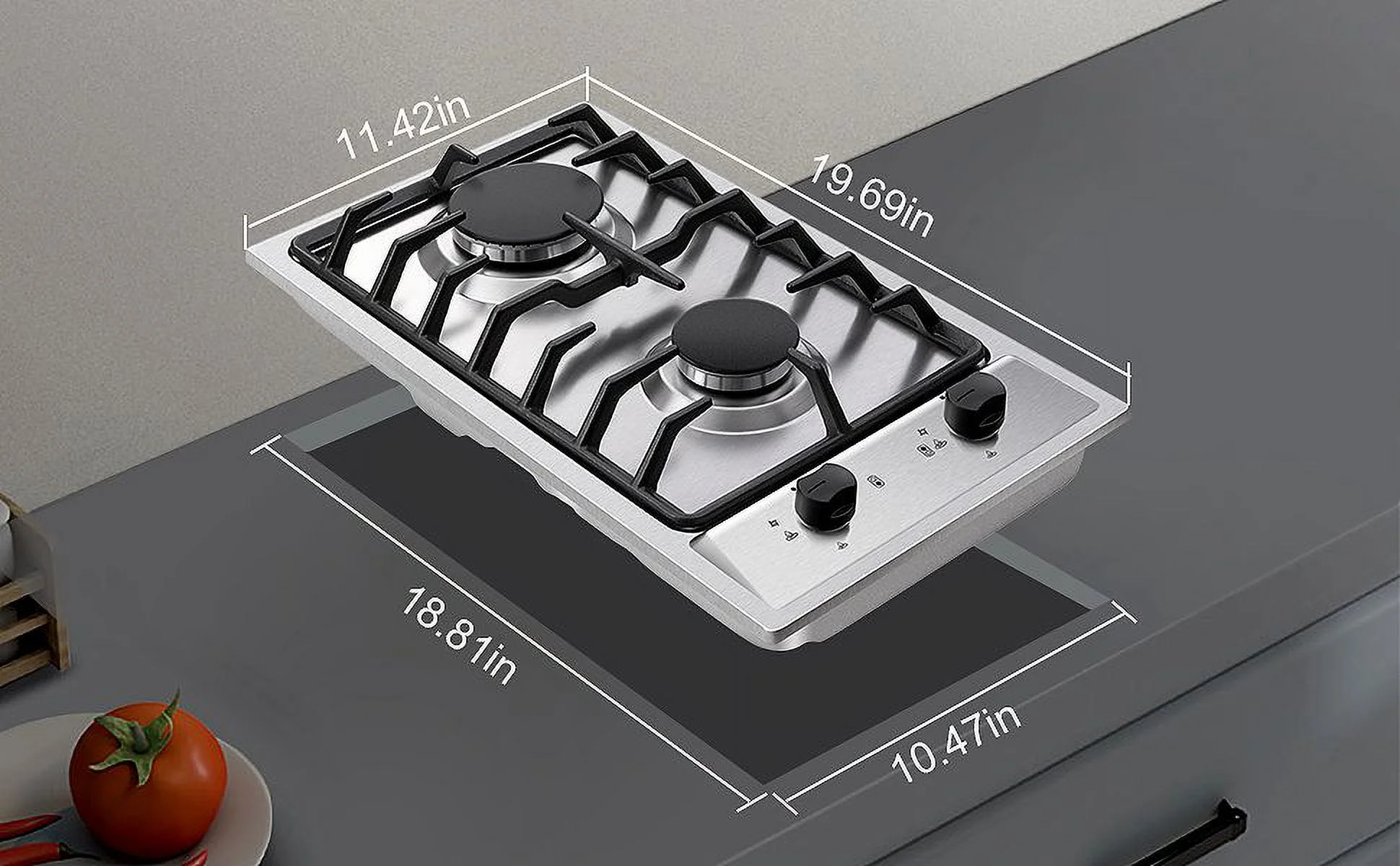 2-Burners Gas Cooktop 12 inch Stainless Steel Kitchen Gas Hob NG/LPG Convertible Built-In Integrated