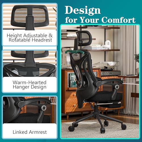 Ergonomic Office Chair - Adjustable Lumbar & Headrest, 90-160° Reclining with Footrest, Breathable Mesh Back - Home Office/Gaming Computer Chair (Black, 300lbs Capacity)