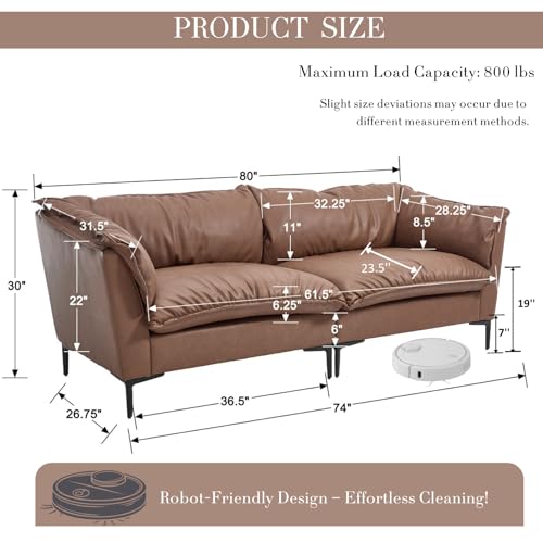 CIMOTA 80'' Faux Leather Loveseat Sofa for Living Room, Modern 2 Seater Small Cloud Couch for Bedroom/Small Space/Apartment, Comfy Office Couches with Upholstered Cushions, Minimalist Style, PU Brown
