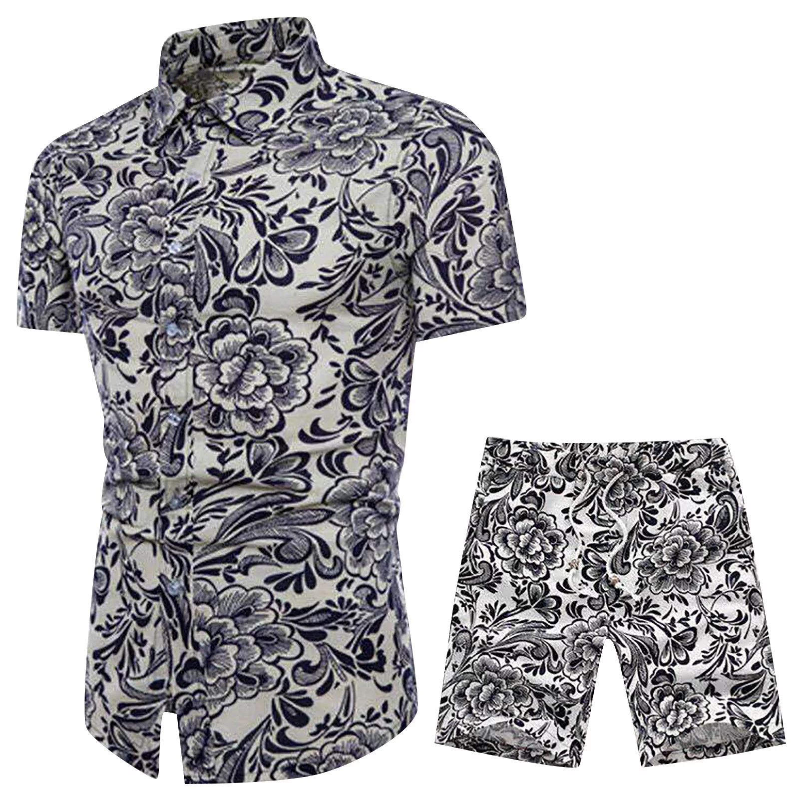 Swim Trunks 2 Piece Set Outfits for Men Floral Tracksuit Casual Button Down Short Sleeve Hawaiian Shirt and Shorts Suit