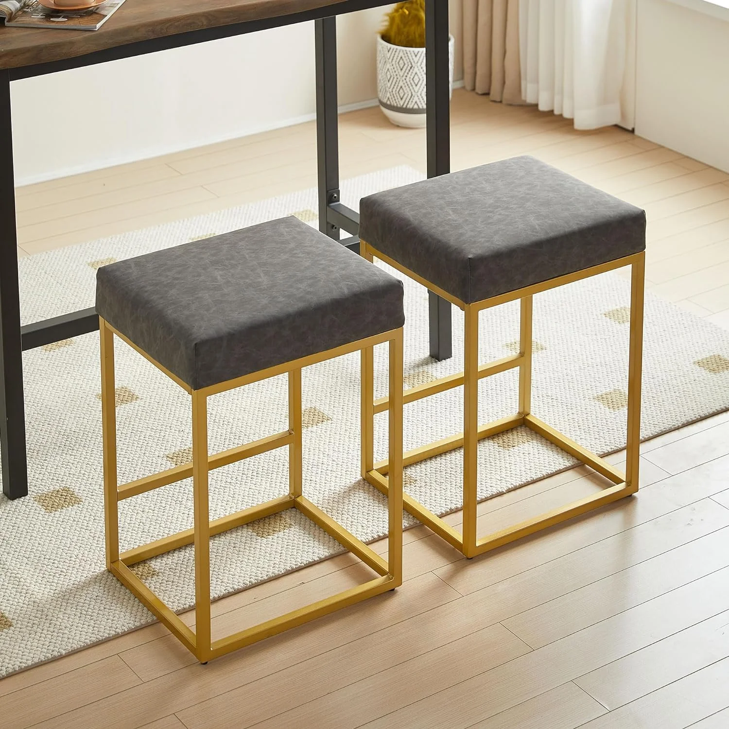 NORDICANA Bar Stools Set of 2, Grey Counter Height Kitchen Island Barstool PU Leather with Black Metal Base