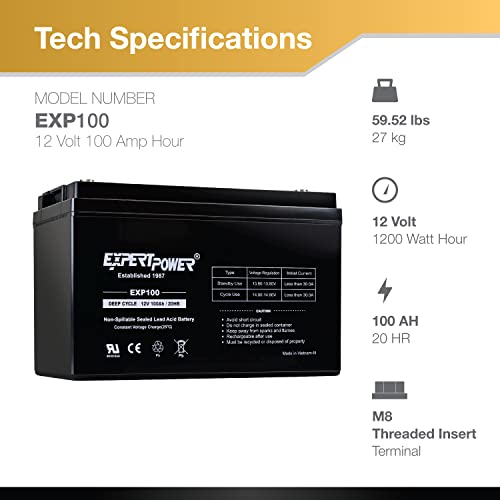 ExpertPower 12V 100Ah Deep Cycle Sealed Lead Acid Battery for Solar Wind Power (AGM)