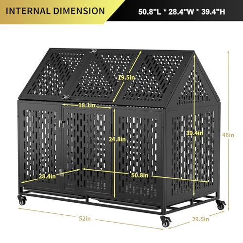 52 Inch Heavy Duty Dog Crate Extra Large Dog Cage, Indestructible XXL Dog Crate Kennel with Open Roof Top, Trays and Wheels, Escape-Proof for High Anxiety Giant Dogs