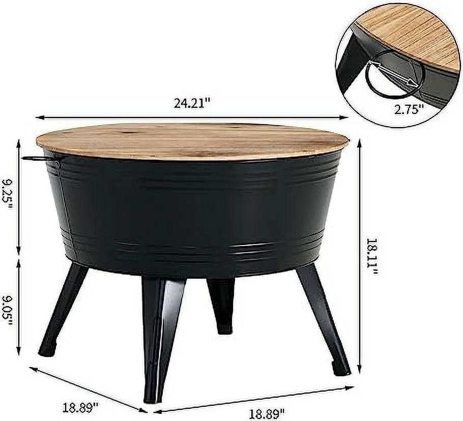 KBANZIBIU Farmhouse End Tables  Galvanized Rustic Coffee Table Farmhouse Decor Accent  with Wood Lid  Round Metal  Ottoman  for Living Room Balcony (Black  3)