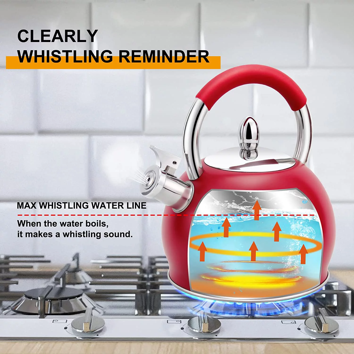 H Haus Roland Whistle Tea Kettle Stainless Steel Teakettle Teapot with Ergonomic Silicone Handle Tea Pots for Stove Top 3.2 Quart / 3 Liter Red