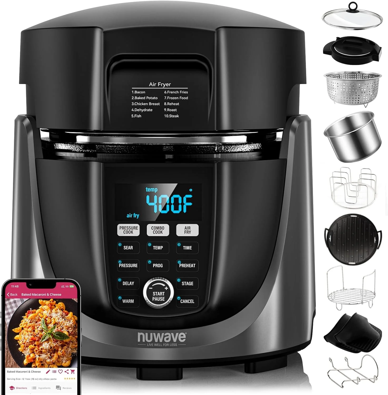 OUWI Duet Air Fryer, Electric Pressure Cooker & Grill Combo, 540 IN 1 Multicooker with 3 Removable Lids that Slow Cook, Sears, Sautés, 18/10 SS Pot, Sure-Lock Safety Tech & 10 Deluxe Accessories