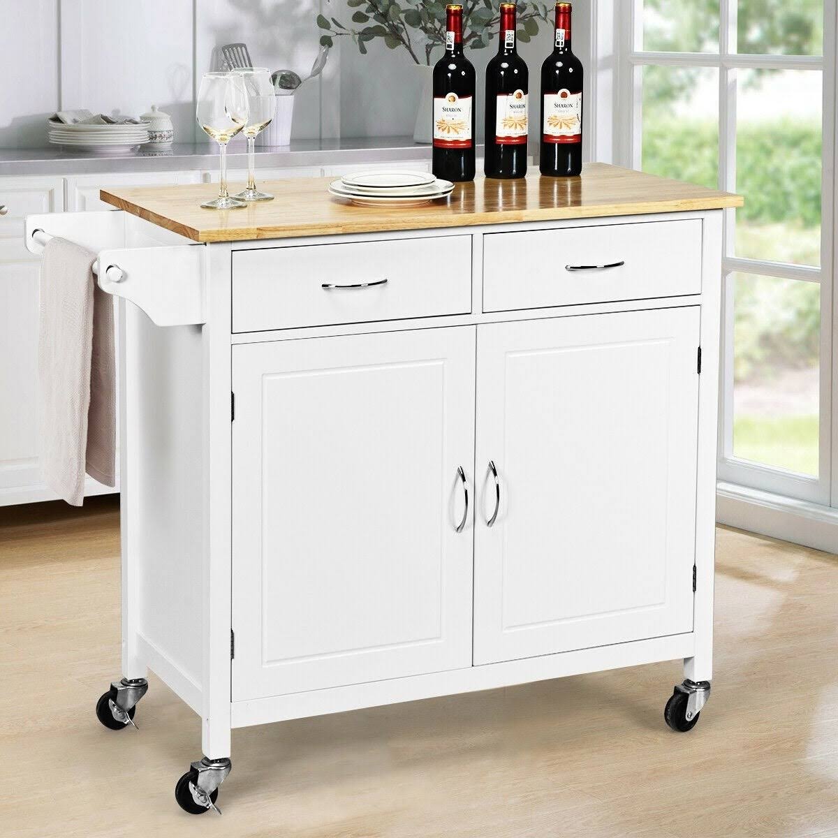 Modern Rolling Kitchen Cart Island with Wooden Top - White