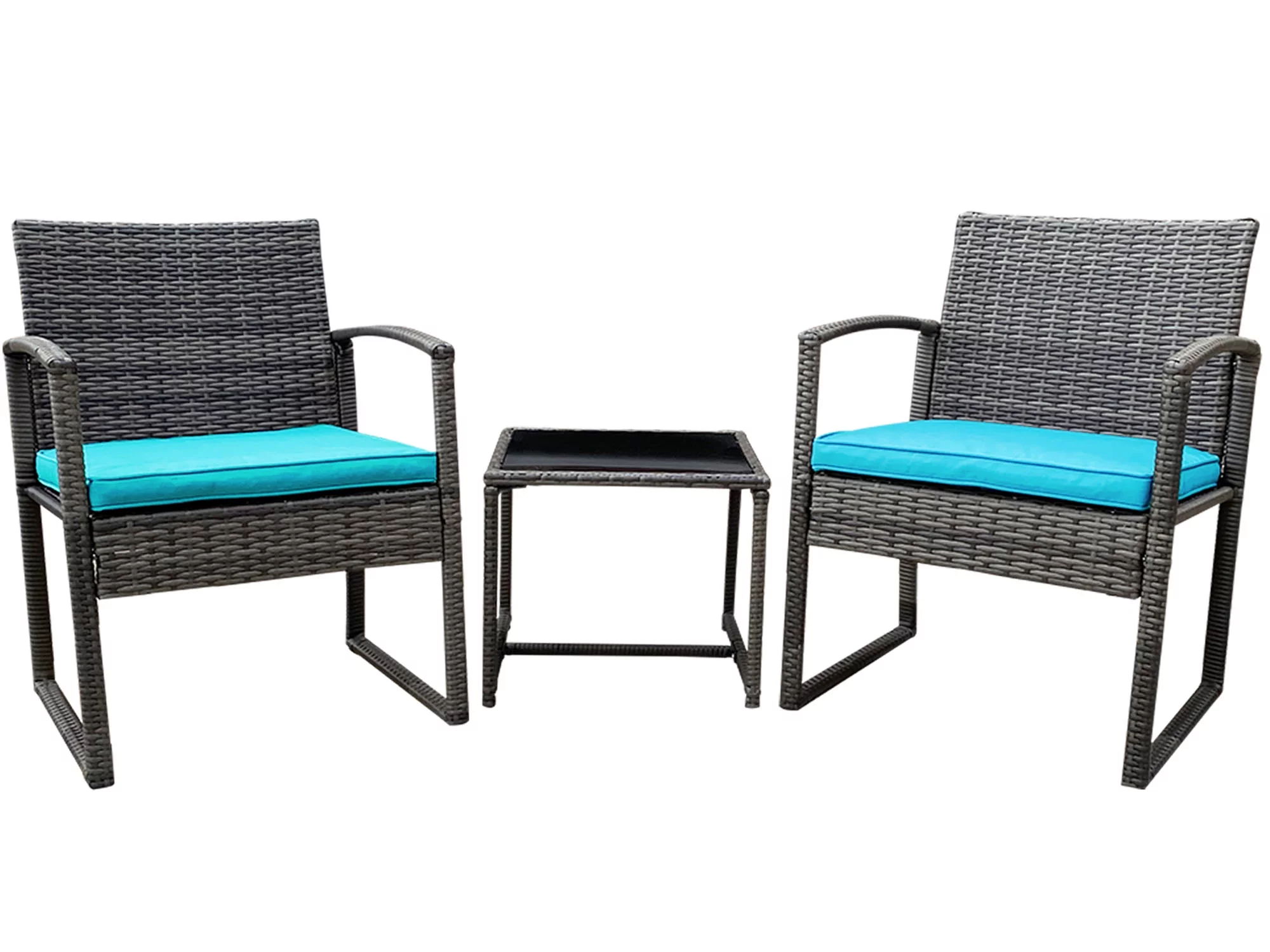 Atlas 3-Piece Rattan Outdoor Furniture Set -2 Relaxing Chairs With a Squire Glass Coffee Table - Light Blue