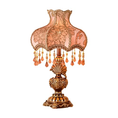 Antique Victorian Table Lamp Tiffany Style Floral Desk Light Fringe Fabric Lampshade Resin Base Romantic Beside Lamp for Bedroom Living Room Nightstand Office Study Home Decoration