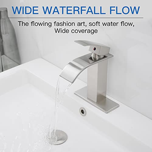 BWE Vessel Sink Faucet Modern Waterfall Chrome Single Hole Bathroom Faucet Single Handle with Pop up Drain Without Overflow Assembly Vanity Basin Bath Sink Faucets Mixer Tap