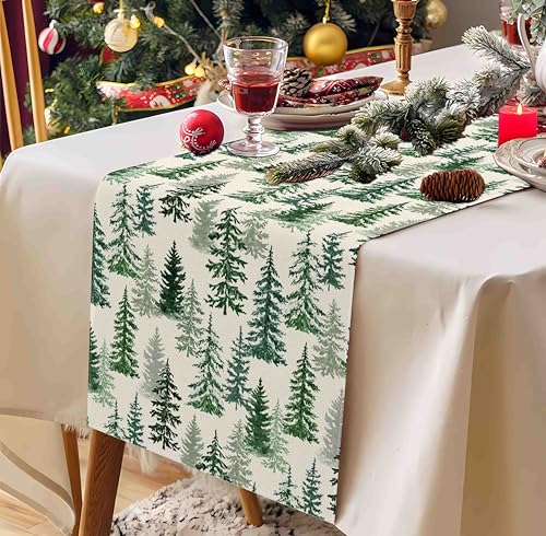 Christmas Placemats Set of 4, 12x18 Inch Green Merry Christmas Pine Trees Heat-Resistant Place Mats, Seasonal Winter Table Decors for Farmhouse Kitchen Dining Xmas Holiday Party