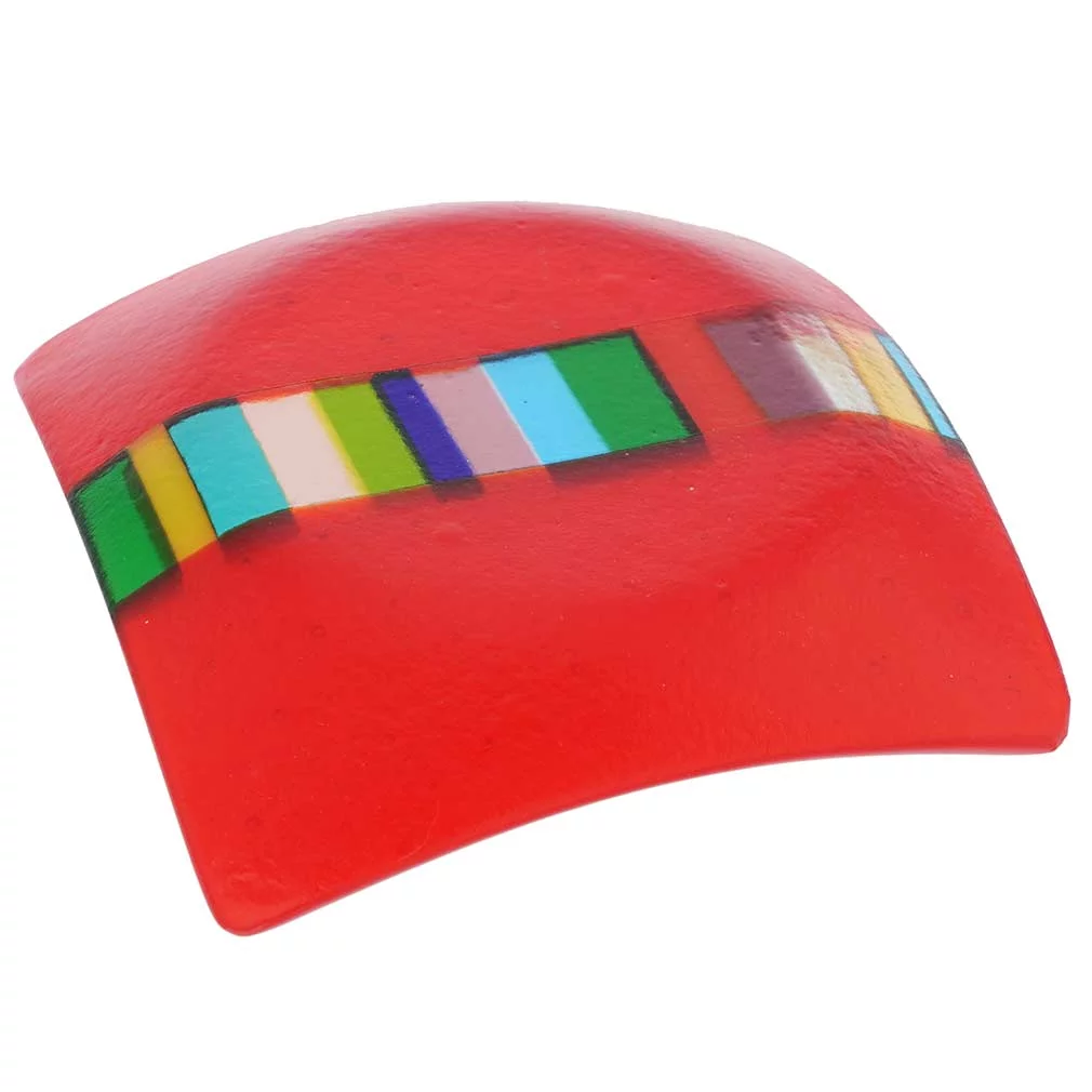 GlassOfVenice Murano Glass Ruby Red Plate With Rainbow Ribbon