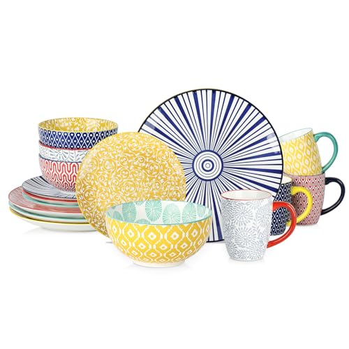 Selamica Ceramic 12-Pieces Dinnerware Sets, Ceramic Dish Plates and Bowls Sets, Service for 4, Dinner Salad Dessert Plates, and Cereal Bowls Set, Assorted Colors